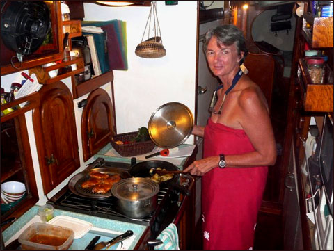 Gwen Hamlin in Takckless II's galley