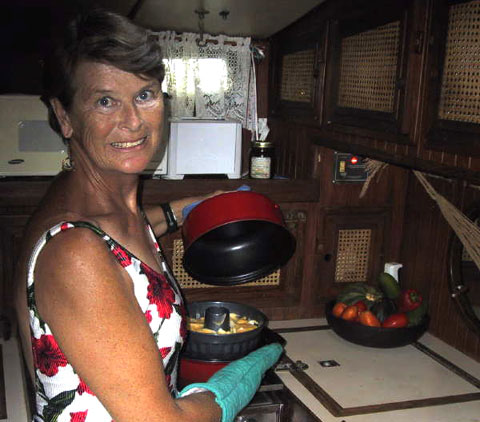 Mary Heckrotte in Camryka's galley