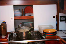 Formica sliding cupboard doors in Mahina Tiare galley